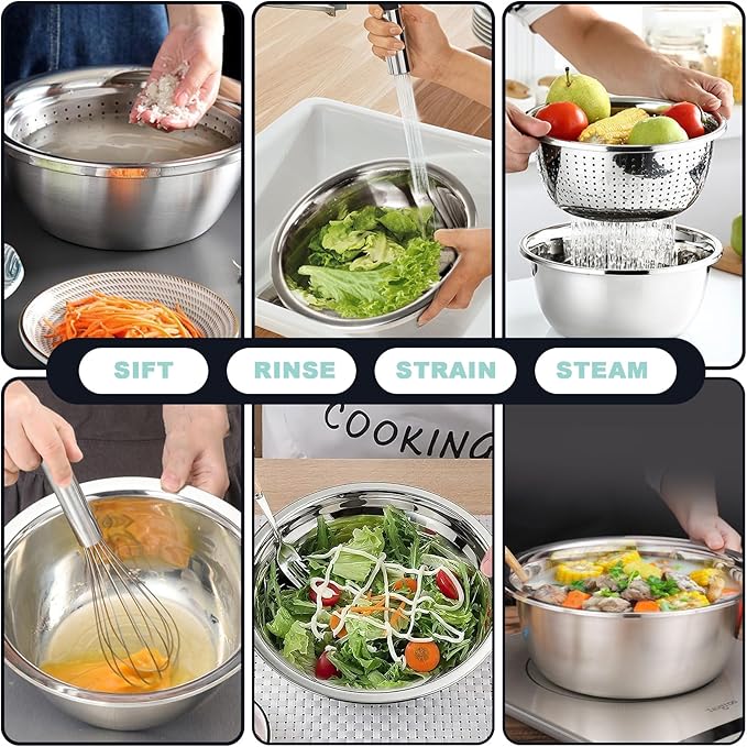 8+1 Stainless Steel Colander Set with Mixing Bowl, 4 Sizes (1.8QT, 2.3QT, 3QT, 4QT) with 1 Mesh Strainer, for Washing Rice, Fruits, Vegetables, Draining Pasta, Meat, and Spaghetti
