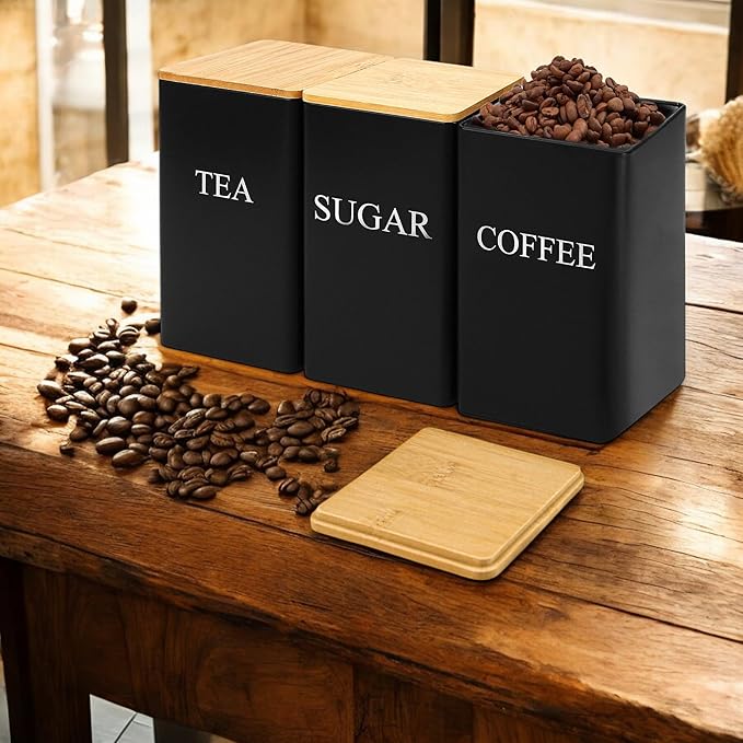 Set of 3 Coffee, Tea, and Sugar Canister Black Iron – Kitchen Storage Jars with Bamboo Lid and Name Marker – Simple Flour Container (6x3 Inch, 33 OZ)