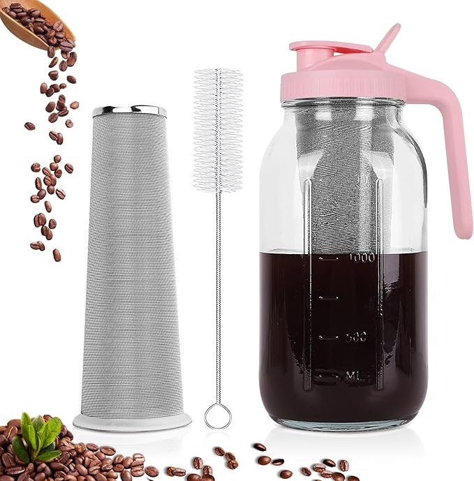 Cold Brew Coffee Maker,64 oz Wide Mouth Mason Jar Pitcher with Stainless Steel Filter, Pour Spout Handle Lid, Heavy Duty Glass Airtight & Leak-Proof Pitcher for iced coffee & Tea Lemonade-Pink