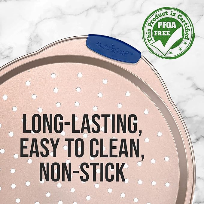 NutriChef 13-Inch Non-Stick Pizza Tray with Silicone Handle - Perforated Round Steel Pan, Dishwasher Safe - 2 Pack - Champagne Gold