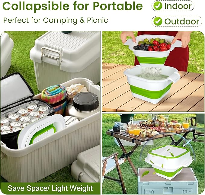 Collapsible Colander Set with Strainer Bowl, 2 in 1 Fruit Washing Basket with Strainer, 5 + 3 QT Plastic Colanders for Kitchen, Foldable Double Layered Colander Bowl for Berry, Vegetable, Green