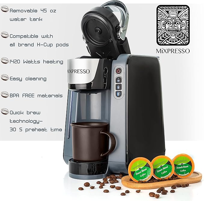 Mixpresso Single Serve K-Cup Coffee Maker With 4 Brew Sizes for 1.0 & 2.0 K-Cup Pods, Removable 45oz Water Tank, Quick Brewing with Auto Shut-Off, Rapid Brew Technology Gray Coffee Maker