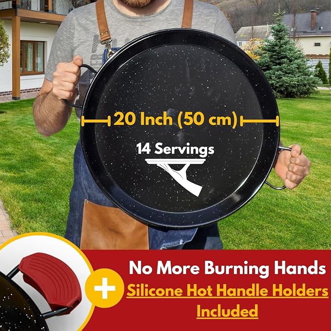 Paella Pan – Enamelled, No-Rust Steel Skillet – Easy-to-Clean Pan for Propane & Gas Burners – Indoor & Outdoor Cooking Cacerola Paellera Sarten – 20 Inch, for 14 Servings