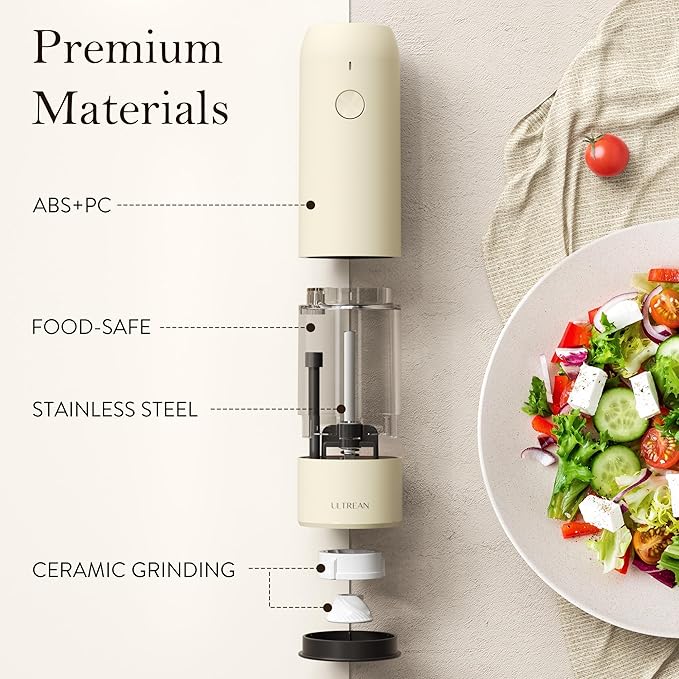 Ultrean Electric Pepper Grinder, Rechargeable Salt and Pepper Grinder with 6 Adjustable Coarseness, LED Light, One-Hand Automatic Operation, Brown&Cream