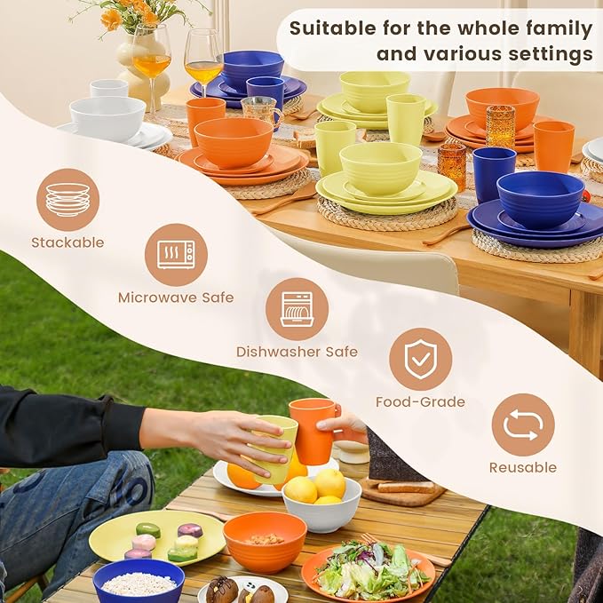 Homienly 40-Piece Wheat Straw Dinnerware Sets, Unbreakable Reusable Dinnerware Set, Service for 8, Kitchen Cups Plates and Bowls Set, Dishwasher Microwave Safe Dishes Set for Camping, Party - Mondrian