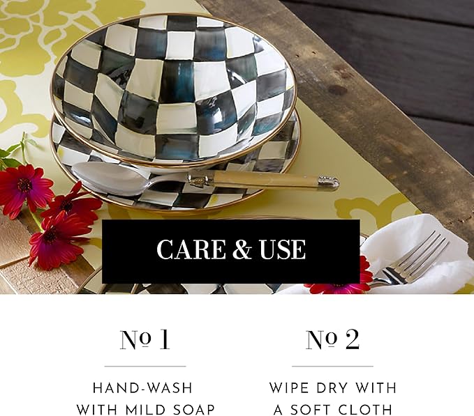 MACKENZIE-CHILDS Enamel Breakfast Bowl, Unique Soup Bowl or Cereal Bowl, Dinnerware, Black-and-White Courtly Check, Set of 1