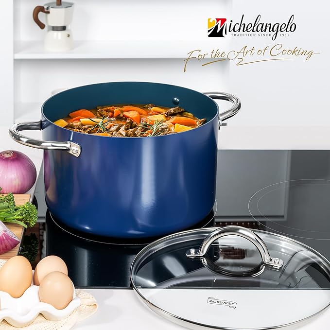 MICHELANGELO 8 Quart Stock Pot with Lid, Non Toxic Cooking Pot, Ceramic Soup Pots with Lid, Non Stick Pot with Stainless Steel Handle, Induction Compatible