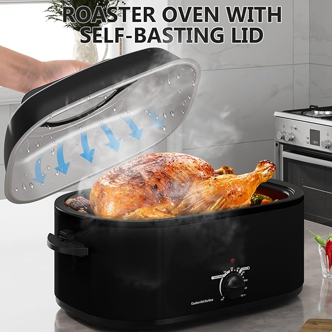 SUNVIVIPRO Roaster Oven 28 Quart, Electric Turkey Roaster with Self-Basting Lid, Removable Pan & Rack, Variable Temp Control, Stainless Steel, Black