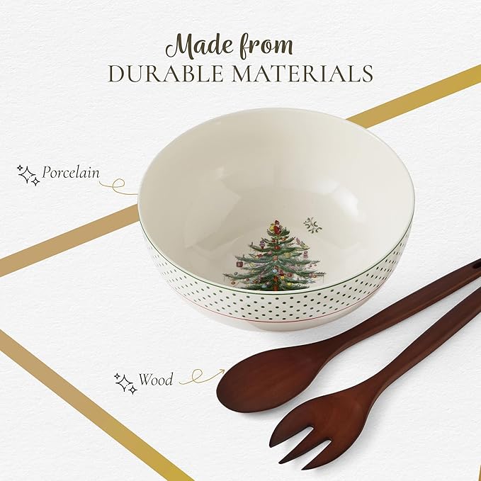 Spode Christmas Tree 10" Serving Bowl & Wooden Servers, Polka Dot - Ceramic Serving Bowls & Party Bowls for Holiday Celebrations - Salad Bowls and Soup Bowls for Dining - Christmas Table Setting