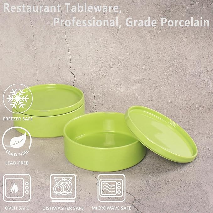 Mini Casserole Dish 23 Ounce French White Ceramic Bakeware Set with Lids, Chip and Crack Resistant Stoneware Baking Dish, Microwave, Dishwasher, Oven, Freezer and Fridge Safe (Green 7.1