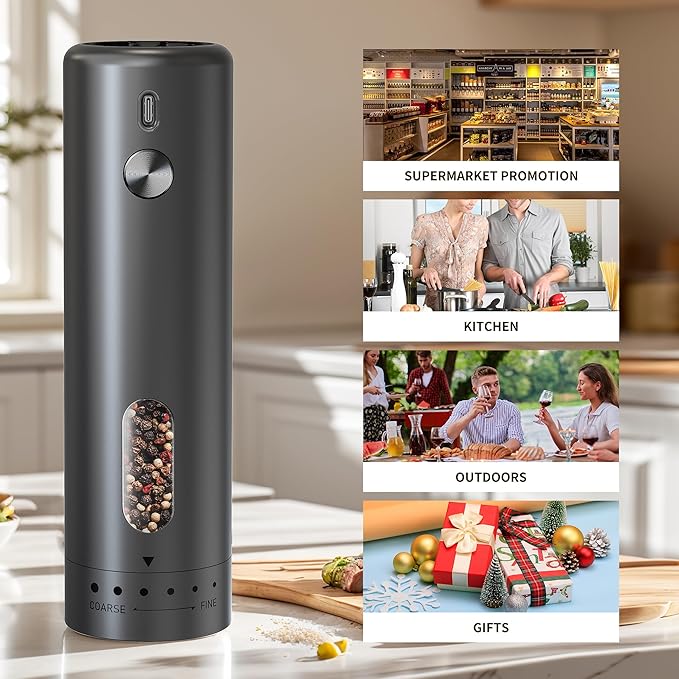 Electric Salt and Pepper Grinder Set – Rechargeable Automatic Mills with 6-Level Adjustable Coarseness, White LED Light, Large 110ml Capacity and Storage Base