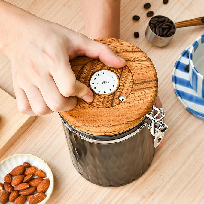 TEDSWAIT Coffee Container with Sealed Cantilever Lid and Scoop, Airtight Stainless Steel Kitchen Food Storage Canister with Date Tracker, 1.8L (Black)