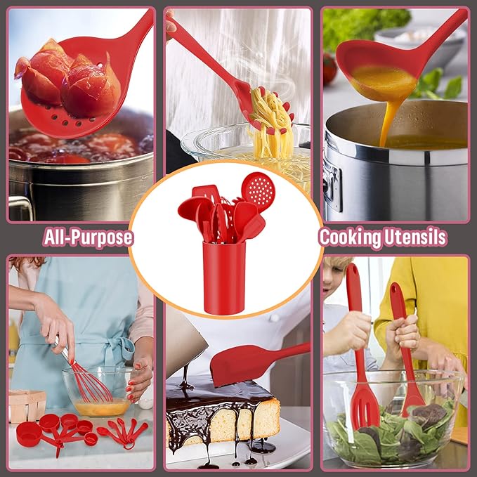 Silicone Kitchen Utensils Set, E-far 23 Pcs Red Cooking Utensils Tools with Holder for Nonstick Cookware, Include Spatula/Spoon/Ladle/Tongs/Turner, Heat Resistant & Nontoxic, Dishwasher Safe