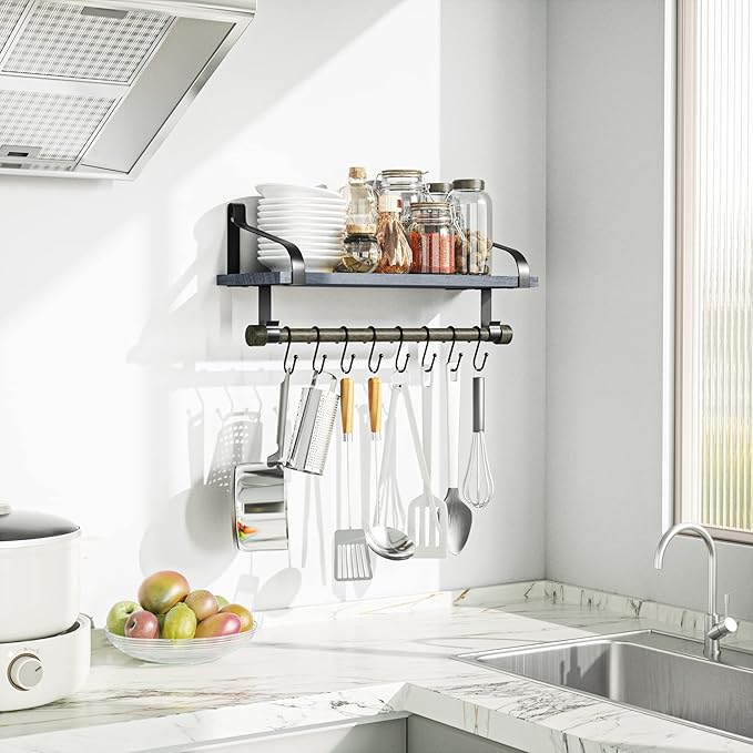 Love-KANKEI Wall Shelf for Storage Rustic Wood Kitchen Spice Rack with Towel Bar and 8 Removable Hooks for Organize Cooking Utensils or Mugs Floating Shelf Weathered Grey