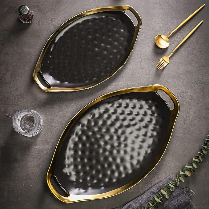 Stone Lain Florian Porcelain Large and Medium Oval Platters with Handle, Service Set, Black with Gold Rim