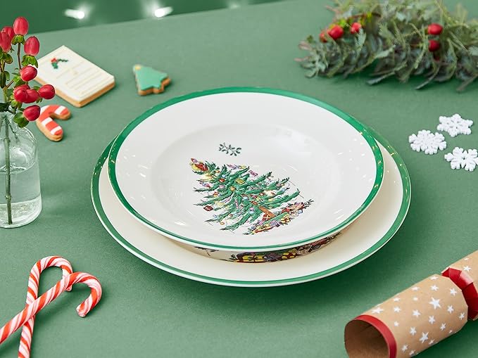 Spode Christmas Tree 9" Soup Plate (Set of 4) - Stoneware Soup Bowls with Festive Tree Design & Green Rim, Ideal for Serving Soup, Pasta, Salad - Microwave & Dishwasher Safe Holiday Dinnerware