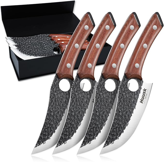 Huusk Viking Knives Set of 4, Japanese Butcher Knife Set for Meat Cutting, Hand Forged Boning Knife with Wood Handle, Japanese High Carbon Steel, for Camping, Outdoor, BBQ, Father's Day Gifts for Dad