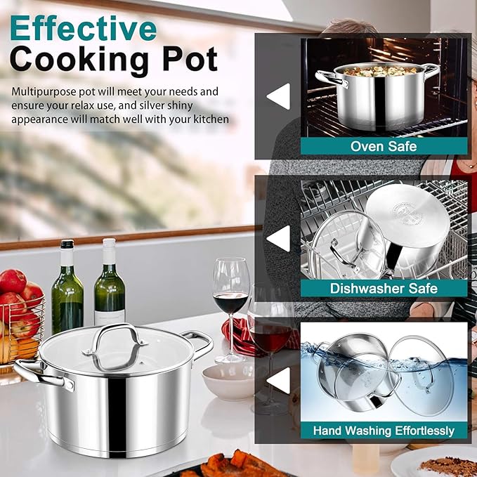 P&P CHEF 6 Quarts Cooking Stock Pot with Lid, Stainless Steel Stockpot Induction Pot for Soup, Tri-Ply Bottom & Clear Glass Lid & Double Handle, Dishwasher Safe