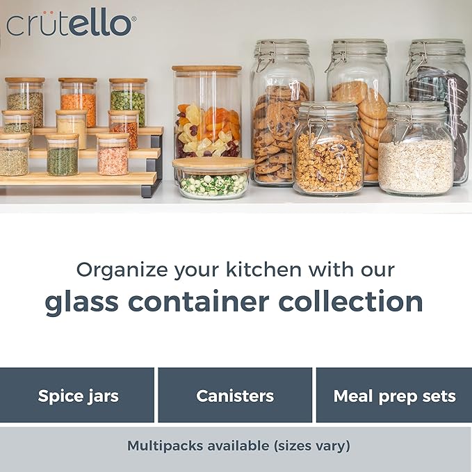 Crutello Glass Storage Containers with Bamboo Lids - Eco-Friendly Non Toxic Meal Prep Jars with Wooden Lid for Fridge and Kitchen Organization - Non Plastic Container for Fruit Bowls 2 Pack