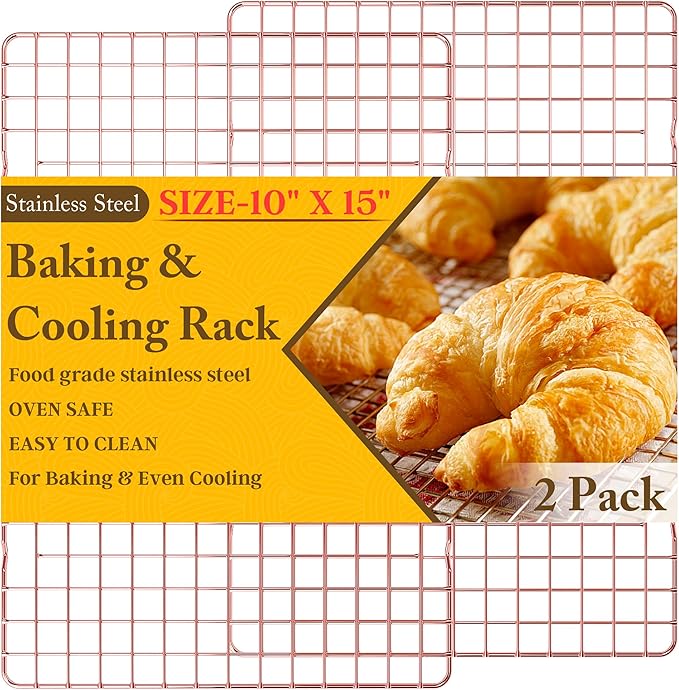 2-Pack Cooling Racks for Cooking and Baking - 10" x 15"Heavy Duty Stainless Steel Wire Rack for Baking, Grilling, Roasting - Oven & Dishwasher Safe - Fits Jelly Roll Sheet Pan(Rose Gold)