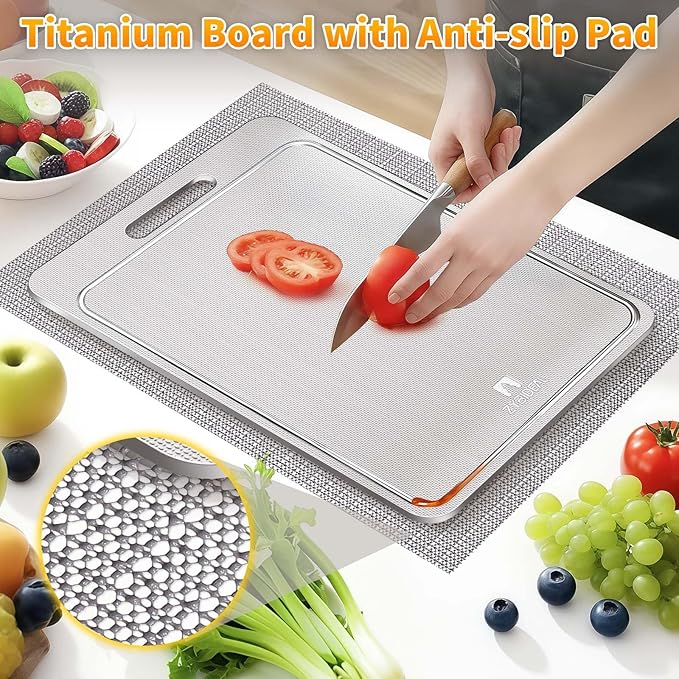 100% Pure Titanium Cutting Board with Groove, Scratch Resistant Chopping Board with Non-slip Pad for Kitchen, Titanium Cutting Boards for Vegetables and Meat, Dishwasher safe 11 * 15 IN