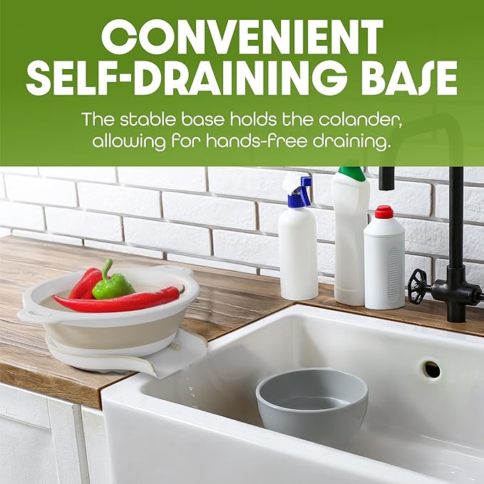 Collapsible Colanders (2 Pack Set) Food Strainers with Over-Sink Water Draining Base for Pasta Fruits and Vegetables (4 and 5 Quart) - White Beige