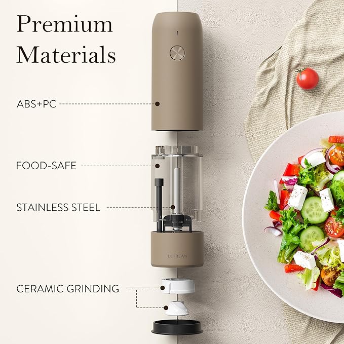 Ultrean Electric Pepper Grinder, Rechargeable Salt and Pepper Grinder with 6 Adjustable Coarseness, LED Light, One-Hand Automatic Operation, Brown