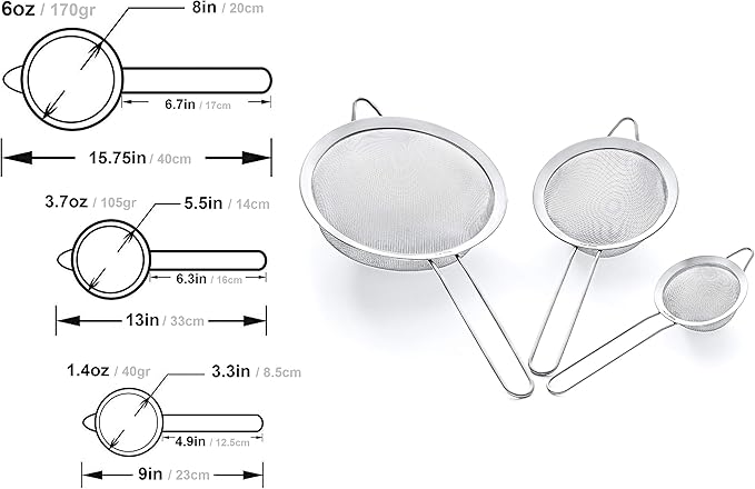 Strainer Set Fine Mesh – Premium 304 Stainless Steel (18/8) – 8″, 5.5″ and 3.3″ Sturdy Kitchen Strainers (Silver)