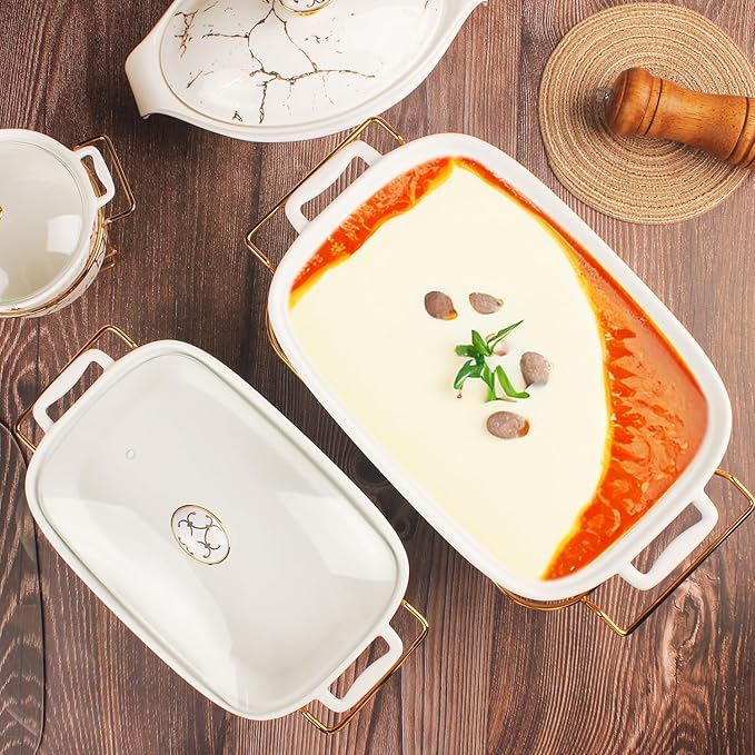 13" x 9" Ceramic Casserole Dish with Glass Lid and rack, 2.2 Quart Serving Soup Tureen,Chafing Dish for Buffet, Family Food preserve Tray, Catering Casserole for Party Style