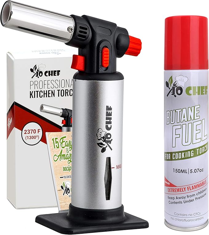 Jo Chef Kitchen Torch with Butane Included – Refillable Lighter with Safety Lock & Adjustable Flame, Blow Culinary Torch for Cooking, BBQ, Creme Brulee, DIY and Soldering - 1 Can (5.07oz) Included