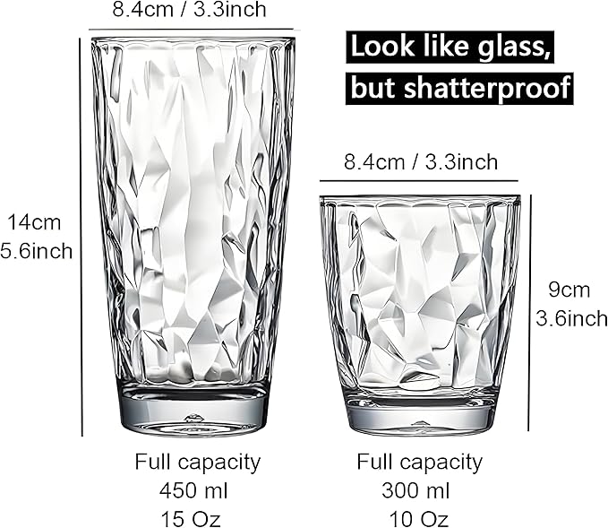 10 Oz Unbreakable Tritan Drinking Glasses Shatterproof Acrylic Glasses Drinkware BPA Free Hard Plastic Cups Reusable Kitchen Water Glasses Drinking Set of 12 (Clear)