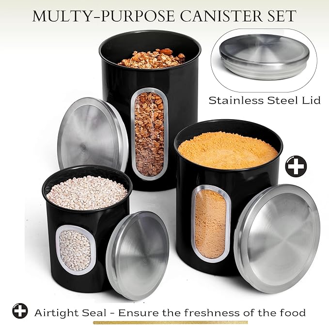 Mixpresso 3-Piece Black Canisters Sets For The Kitchen, Airtight Canister Set With See Through Window, Storage Jars for Coffee Container, Tea Organizer & Sugar Canister, Black Kitchen Canisters
