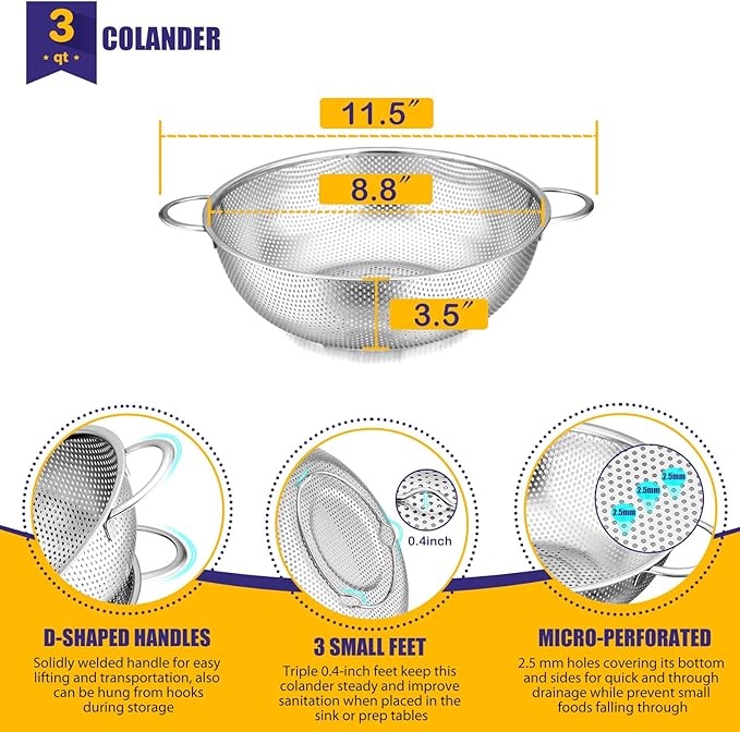 E-far Stainless Steel Colander, 3-Quart Micro-Perforated Metal Colander Strainer with Handle for Kitchen/Draining Pasta/Rinsing Vegetables Fruits, Heavy Duty & Dishwasher Safe - 8.8 Inches
