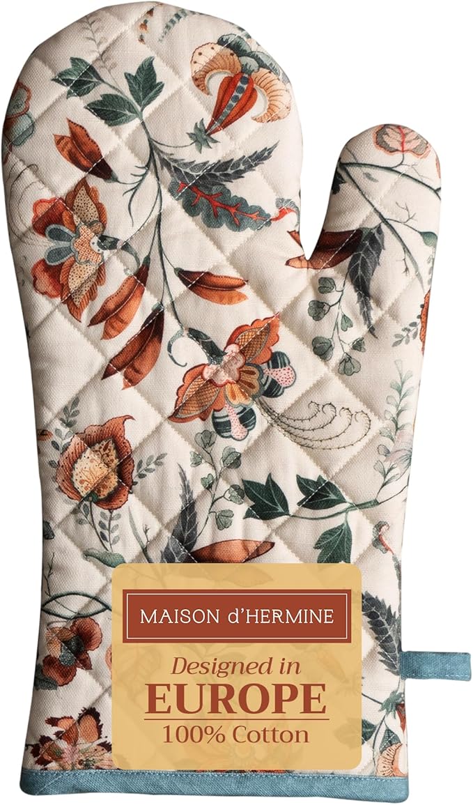 Maison d' Hermine Oven Gloves 100% Cotton Oven Mitt 7" x 13" with Loop Heat Resistant, BBQ, Cooking Gloves, Baking, Grilling, Kitchen, Handling Hot Pans (Pack of 1, Dalida)