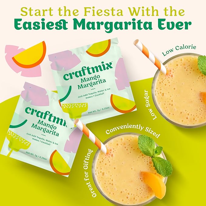 Craftmix Mango Margarita, Makes 24 Drinks, Skinny Cocktail Mixers, Instant Mix Mocktail Kit, Real Fruit, Vegan Low-Carb Non-GMO, Dairy Free, Gluten-Free, Easy to Mix