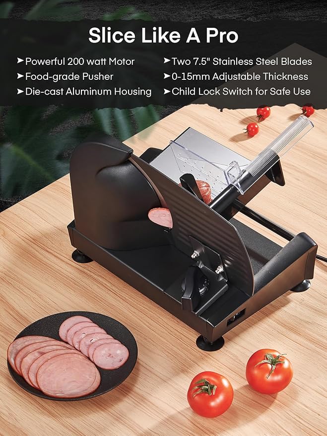 FOHERE Electric Meat Slicer 200W Deli Slicer for Home with Removable Two 7.5” Blades, 0-15mm Precision Thickness Adjustment Knob Cut Deli Food, Meat Ham Bread Fruit, Include Food Carriage, Black