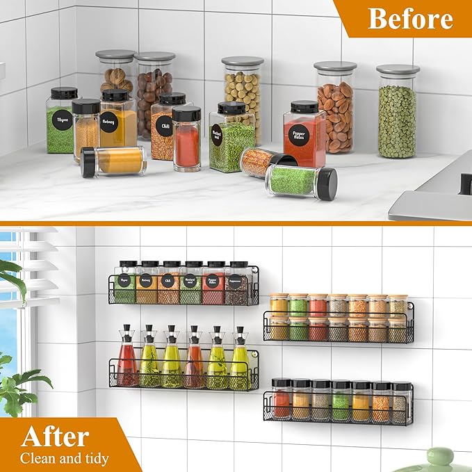 Wall Mounted Spice Rack Organizer, Pantry Door Organizer & Hanging Storage Baskets, Metal Spice Shelf for Kitchen Cabinet, 3 Depth Sizes Hold Large Jars to Nail Polish Bottles, 4 Pack