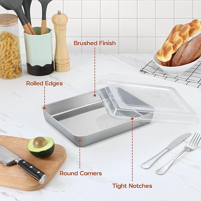 10⅜ x 8⅛ x 2 Inch Baking Pan with Lid, 2 Pack Stainless Steel Lasagna Rectangular Cake Pan, Non Toxic & Healthy