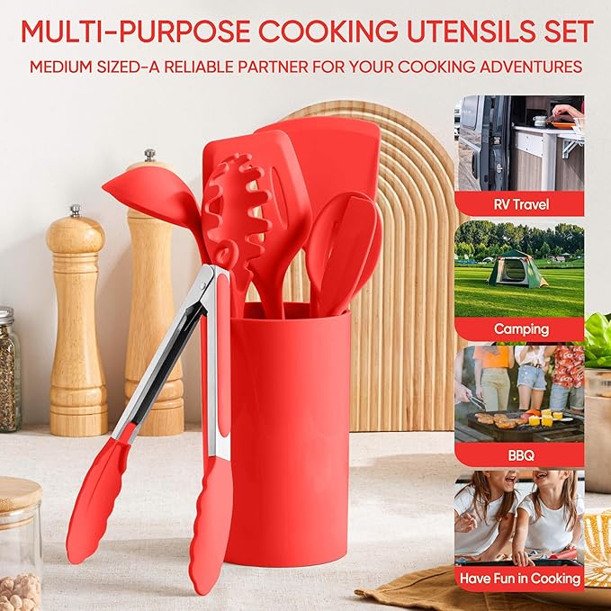 Herogo Silicone Cooking Utensils Set, 7-Piece Kitchen Utensils Set, Heat Resistant Cooking Gadget Tools Slotted Turner, Spoon, Soup Ladle, Pasta Server, Spatula, Tongs for Nonstick Cookware, Red