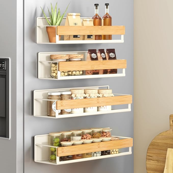SONGMICS Magnetic Spice Rack for Refrigerator, 4 Pack, 2 Large and 2 Small Kitchen Magnetic Shelves for Washing Machine, Spice Organizers, No Drilling Needed, Cream White and Light Bamboo UKCS062WD01
