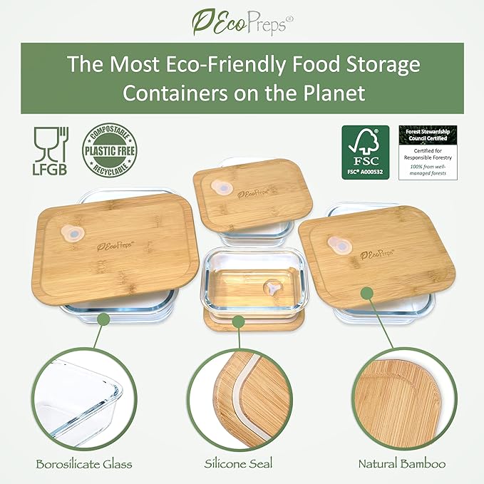 Glass Food Storage Containers with Bamboo Lids (4 Pack) - 100% Plastic Free, Eco-Friendly, Oven, Microwave Safe Meal Prep Container Set - Bamboo Lid Storage Container, Glass Lunch Containers