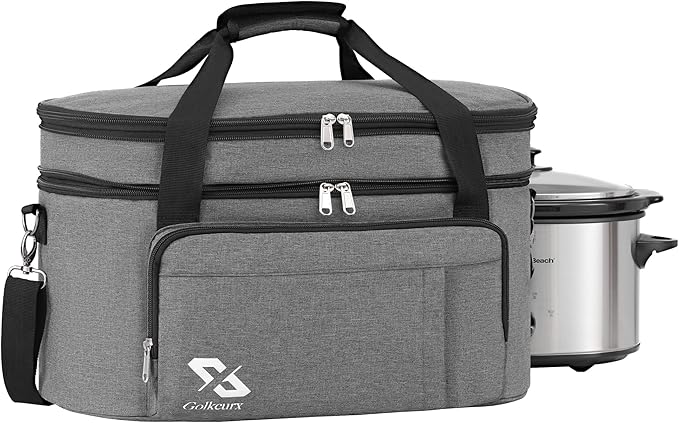Golkcurx Double Layer Slow Cooker Bag for 6-8 Quart Oval CrockPot and Hamilton Beach Models, with Padded Adjustable Strap, Top Zip Compartment, and Front Pocket for Utensils(Bag Only)