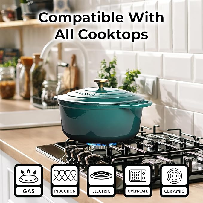 Zulay Kitchen 5 Quart Enameled Cast Iron Dutch Oven with Lid,Silicone Trivet & Heat Pad – Premium Durability & Oven Safe up to 500°F – Heavy Duty Cookware Perfect for Bread Baking, Stews, Braising & Roasting – Emerald