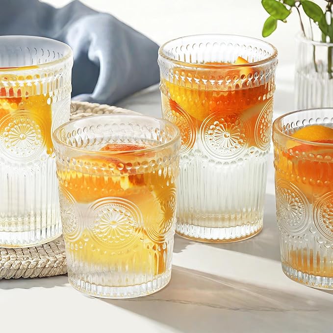 12pcs Vintage Drinking Glasses Set, 12 oz Highball Glasses & 9 oz Embossed Ribbed Glassware Cups for Cocktail, Water, Juice, Coffee, Whiskey (Clear)