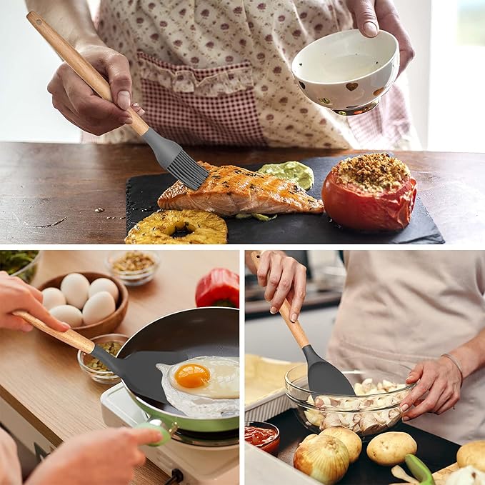 Kitchen Utensils Set of 12, E-far Silicone Cooking Utensils with Holder, Non-stick Cookware Friendly & Heat Resistant, Includes Spatula Tong Whisk Ladle Brush Slotted Turner Spoon(Gray)