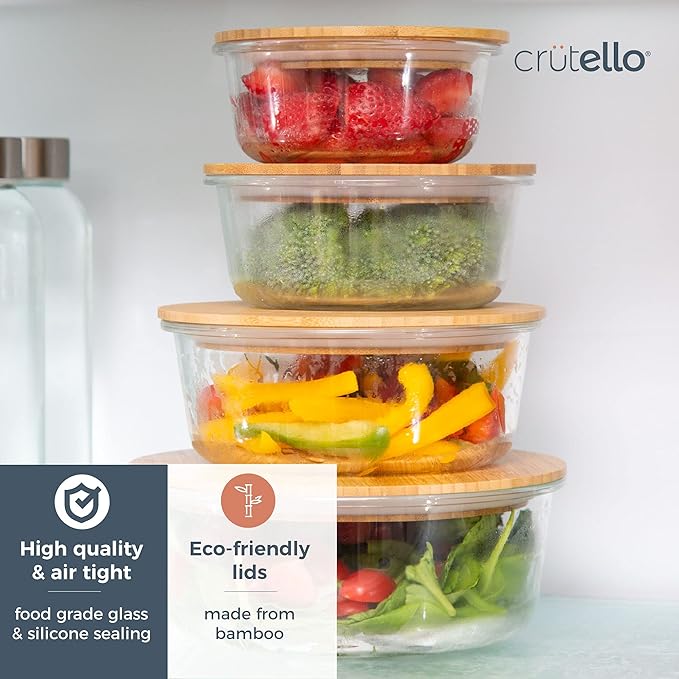 Crutello Glass Meal Prep Containers with Bamboo Lids, 4 Pack - Airtight Clear Food Storage Canisters for Kitchen Organization - A Family-Owned American Brand