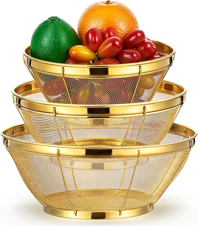 Baderke 3 Pieces Stainless Steel Gold Colander Metal Strainer with Handle Pasta Gold Colander for Kitchen Draining Pasta Rinsing Vegetables Rice Food, 3 Sizes (1.5-3-5 Quart,Novel)