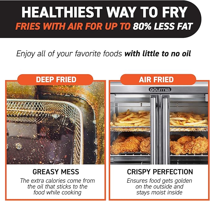 Gourmia Toaster Oven Air Fryer Combo 17 cooking presets 1700W french door digital air fryer oven 24L capacity accessories, convection rack, baking pan tray recipe book GTF7655,Large,Stainless Steel