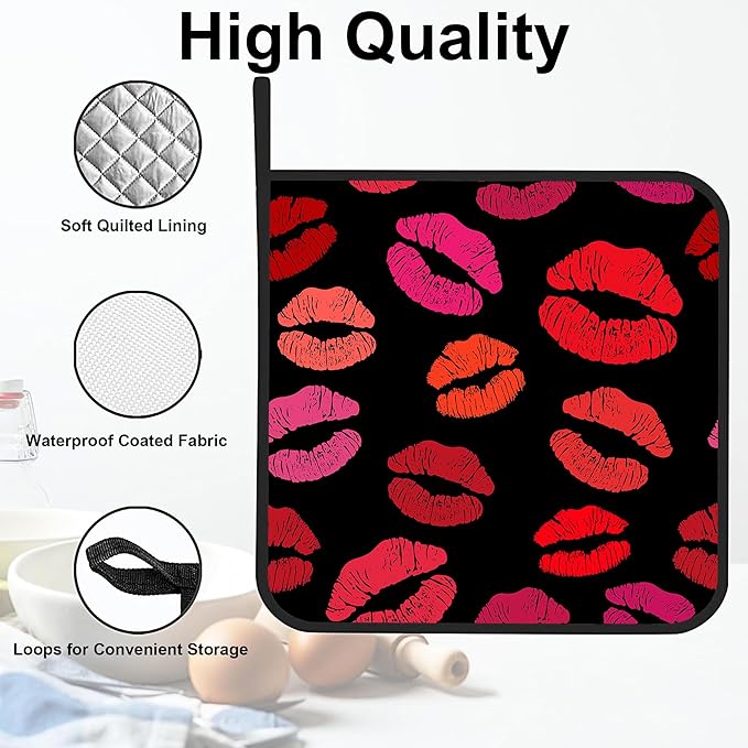 Red Lip Kiss Pot Holders 2 PCS for Kitchen, Heat Resistant Hot Pads for Cooking Grilling Baking BBQ, Pot Holders for Women Cook Essentials Accessories Home Microwave