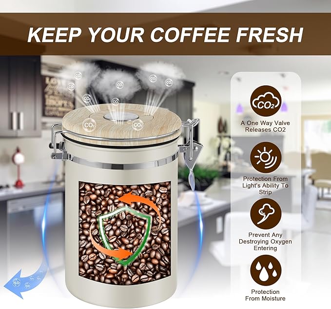 1800ML Airtight Coffee Canister with Date Tracker&Transparent Window, 22.8OZ Coffe Beans Storage with 30ML Measure Spoon&4 co2 Valve, Coffee Container for Grounds Coffee, Beans, Tea, Sugar(Beige)